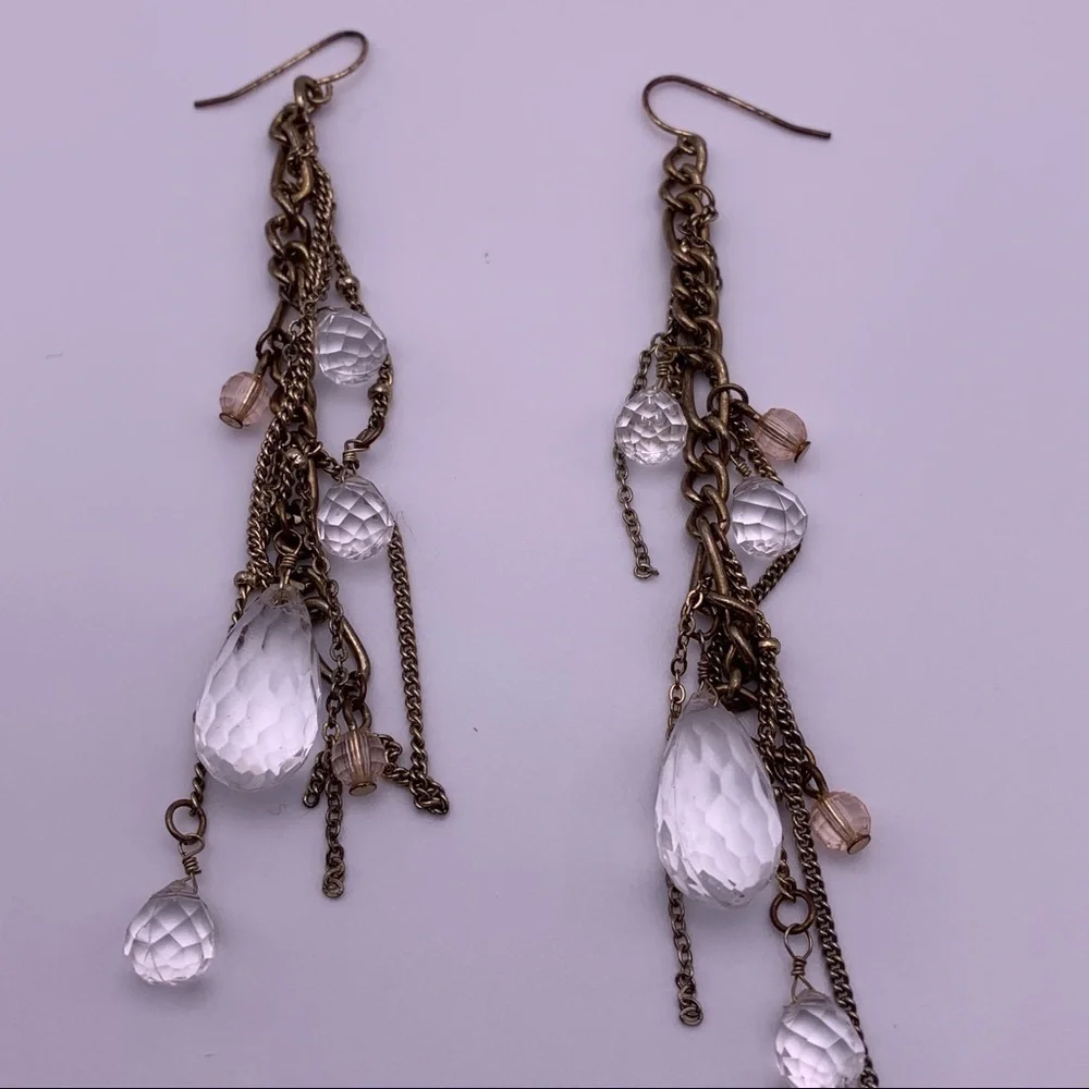 Gold Toned Chain and Clear Beaded Dangle Earrings